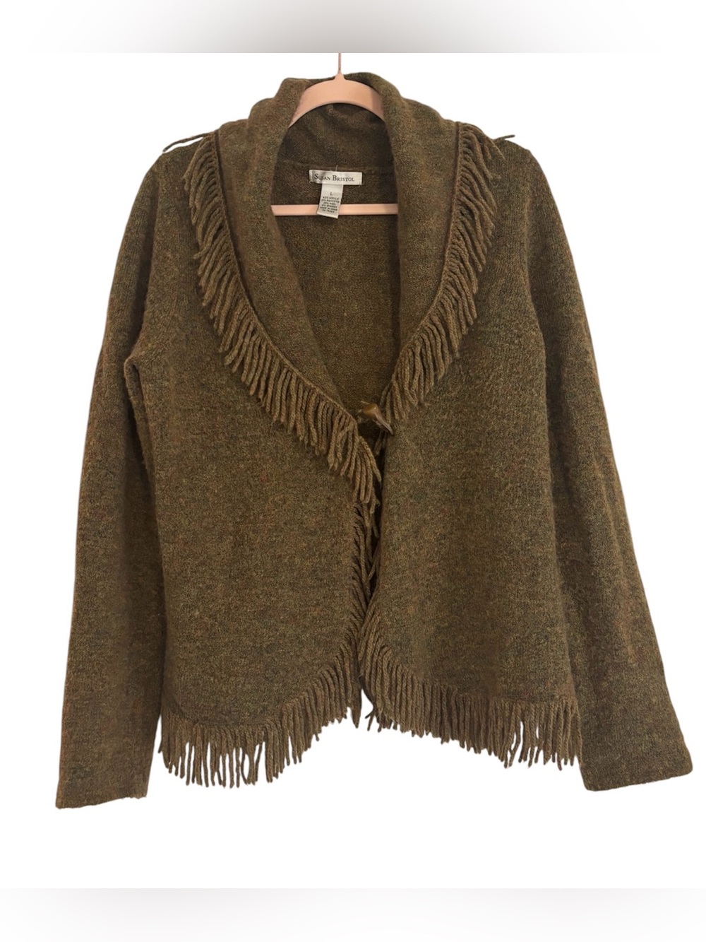 Susan Bristol Olive Green Fringe Shawl-Collar Cardigan